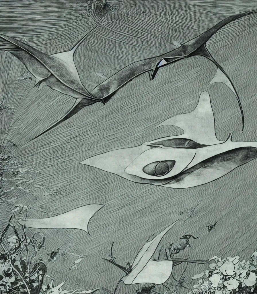 Prompt: brilliant alien manta ray in the sky color scientific illustration by Ernst Haekel, Hayao Miyazaki, color illustration with orthographic views