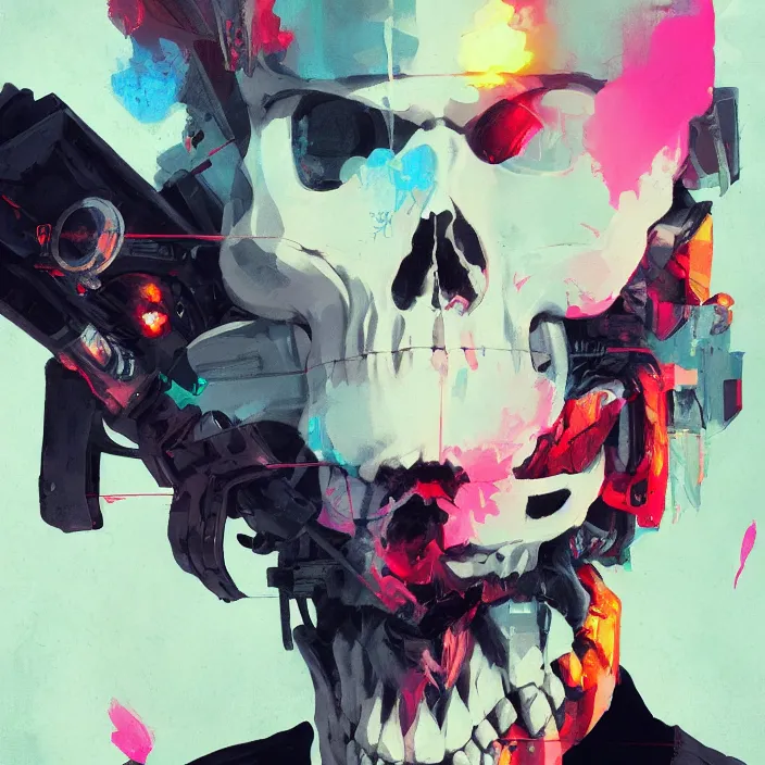 Image similar to a colorful comic noir illustration painting of a cyberpunk skull by sachin teng and sergey kolesov and ruan jia and heng z. hyper detailed. octane render. trending on artstation