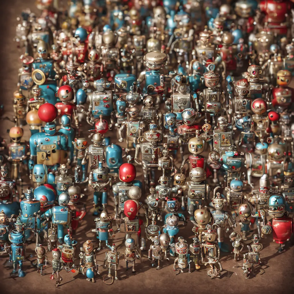 Image similar to closeup portrait of tin toy soldiers retro living room of robot family, depth of field, zeiss lens, detailed, centered, fashion photoshoot, by nicoletta ceccoli, mark ryden, lostfish, breathtaking, 8 k resolution, extremely detailed, beautiful, establishing shot, artistic, hyperrealistic, octane render, - h 8 0 4