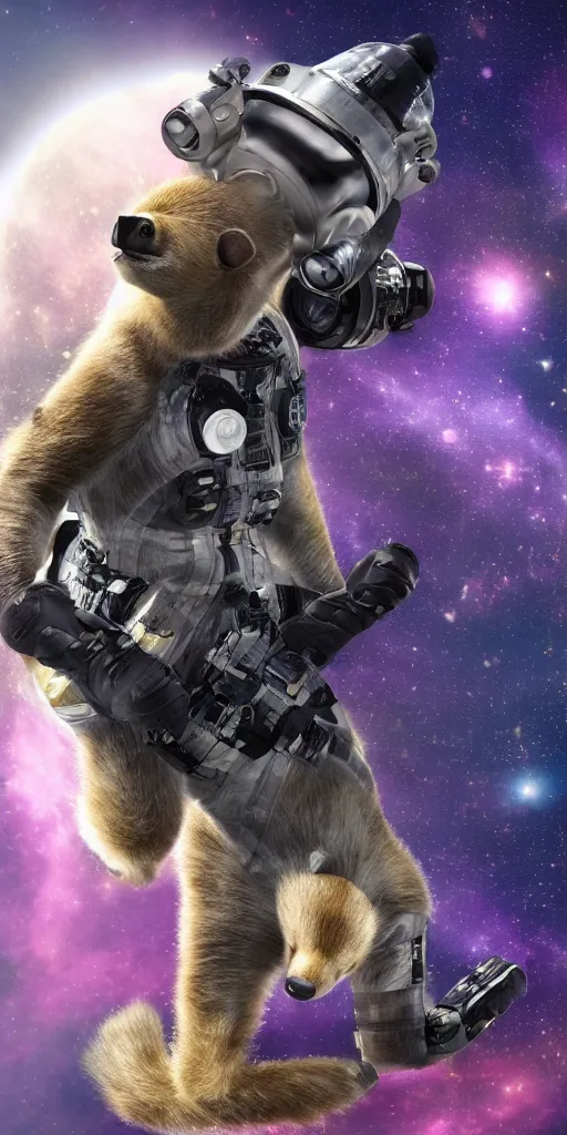 Image similar to ultra realistic honey badger floating in space suits floating in space, 4 k, 8 k, nebula, universe, many stars, space station