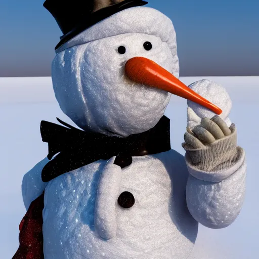 Image similar to a highly detailed humanoid snowman in business suit with black eyes and mouth, no nose, hyperrealism, professional, octane render, full length, digital art