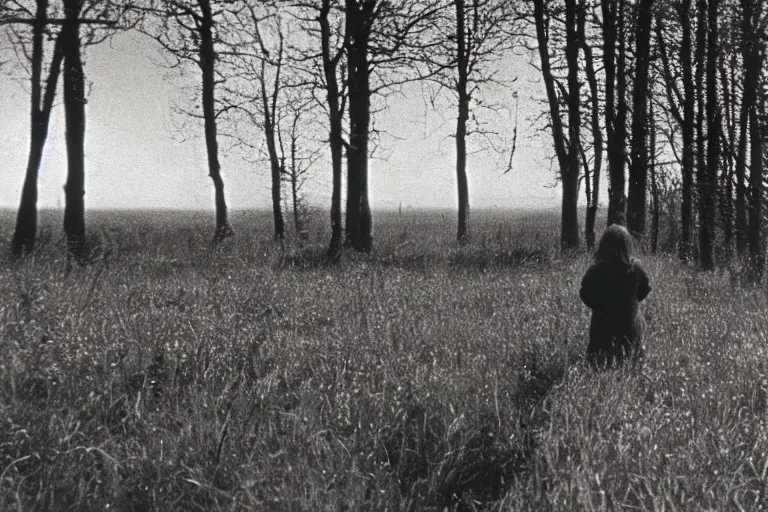 Image similar to a closeup of a woman's back in a countryside, Andrei Tarkovsky film style, photography, 1970s