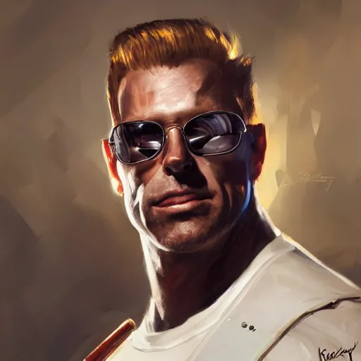 Image similar to portrait of duke nukem, backlit, painted by stanley lau, painted by greg rutkowski, painted by stanley artgerm, masterpiece, digital art, trending on artstation