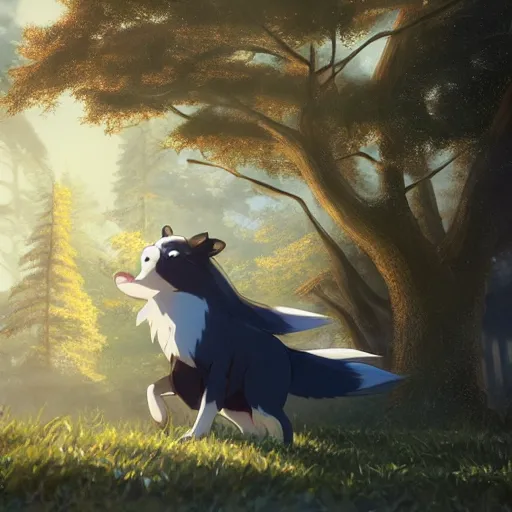 Image similar to a wholesome animation key shot of a girl with long dark blue hair and a fluffy black and white tail, medium shot, studio ghibli, pixar and disney animation, sharp, rendered in unreal engine 5, anime key art by greg rutkowski, bloom, dramatic lighting