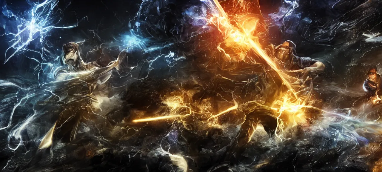 Image similar to Photorealistic image of six wizards fighting in dark cave with DC comic character Black Adam and shoot fireballs from their magic staffs, dark ancient atmosphere, glowing bouncing particles and energy strings randomly flying in space and bouncing from ground and walls, dramatic lighting, fluidy particles rising from ground, realism of hollywood movie with incredible amount of fine details