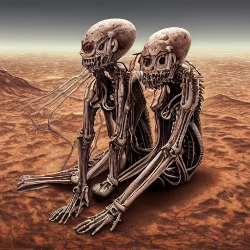 Image similar to conjoined demon twins sitting in a desert by Yoshitaka Amano, by HR Giger, biomechanical, 4k, hyper detailed, hyperrealism, anime, a Broken World, deviantart, artstation