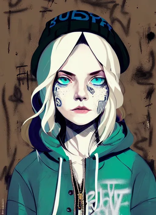 Prompt: highly detailed portrait of a sewer punk lady student, blue eyes, burberry hoody, hat, white hair by atey ghailan, by greg tocchini, by kaethe butcher, gradient green, black, brown, cream and blue color scheme, grunge aesthetic!!! ( ( graffiti tag wall flat colour background ) )