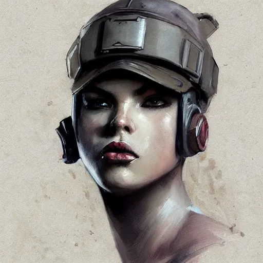 Image similar to portrait of a beautiful muscular girl with plump lips in team fortress 2 style, tragic, military art, concept art, fantasy, hd shot, digital portrait, beautiful, artstation, comic style, by artgerm, guy denning, jakub rozalski, magali villeneuve and charlie bowater