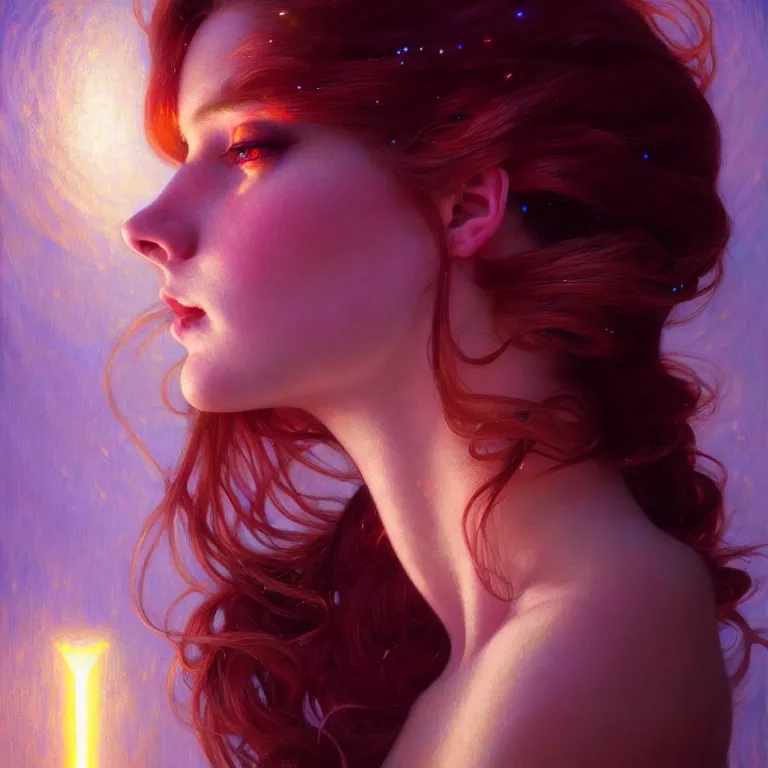 Image similar to bright asthetic portrait LSD glowing backlit, fantasy, intricate, elegant, dramatic lighting, highly detailed, lifelike, photorealistic, digital painting, artstation, beautiful woman, gorgeous face, illustration, concept art, smooth, sharp focus, art by John Collier and Albert Aublet and Krenz Cushart and Artem Demura and Alphonse Mucha