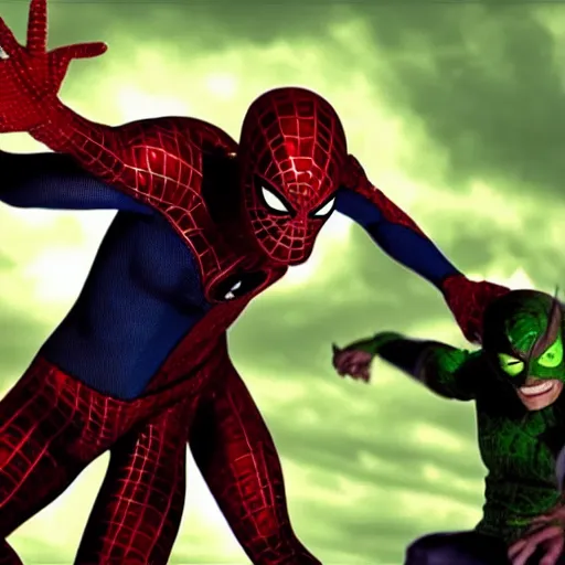 Image similar to Tobey Maguire as the Green Goblin, fighting Daniel Radcliffe as Spider-Man, 2023 movie preview, screenshot, promotional still, Ultra HD, 8k, realistic