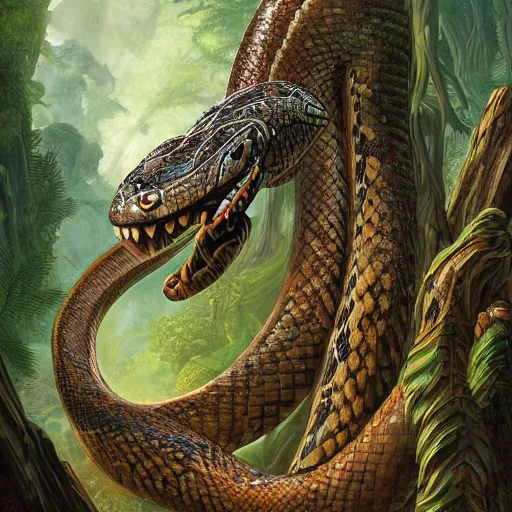Prompt: digital painting of mayan snake god, by filipe pagliuso and justin gerard, jungle, fantasy, highly detailed, ominous, intricate, snake, feathers, fangs