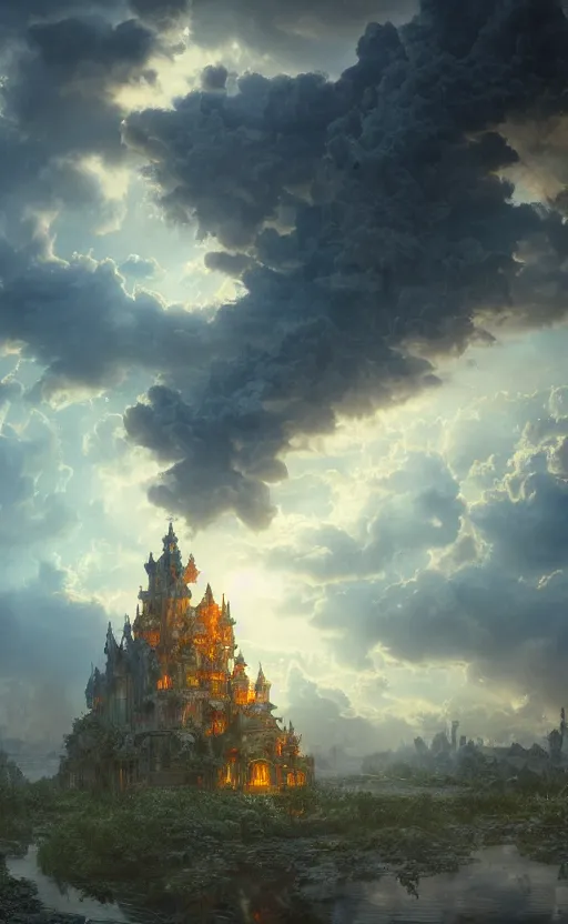 Prompt: detailed digital matte painting of a crystal castle on an enchanted island, complex cumulus clouds, by emmanuel shiu and tooth wu and dan mumford and alphonse mucha, dusk, romanesque architecture, long strongs of smoke, flowing magical energy, hyperdetailed, volumetric lighting, octane render, smooth, 8 k