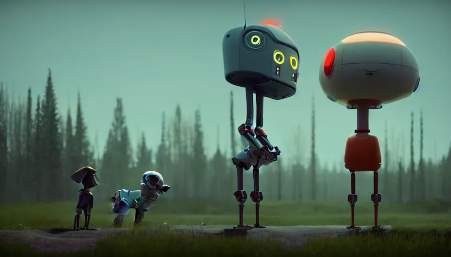 Image similar to tall cute robot with his best dog friend, by Simon Stalenhag, unreal engine, octane render, 8k, rule of thirds