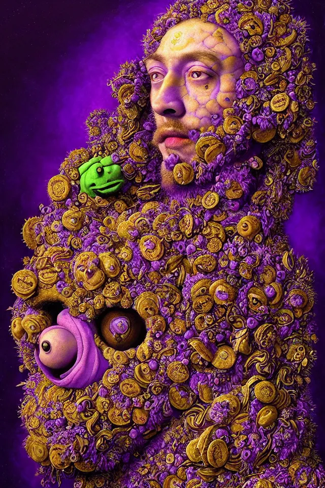 Image similar to bizarre purple blacklight detailed renaissance portrait of cookie monster as a highly detailed realistic real life person, dramatic cinematic lighting, 8 k, beautiful intricate painting by james r eads, giuseppe arcimboldo and tomasz alen kopera