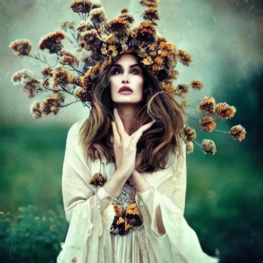 Prompt: fine art photo of cindy crawford, she has a crown of dried flowers, by oleg oprisco