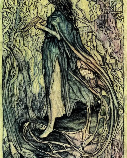 Image similar to tarot card detailed painting, illustration in style of Arthur Rackham