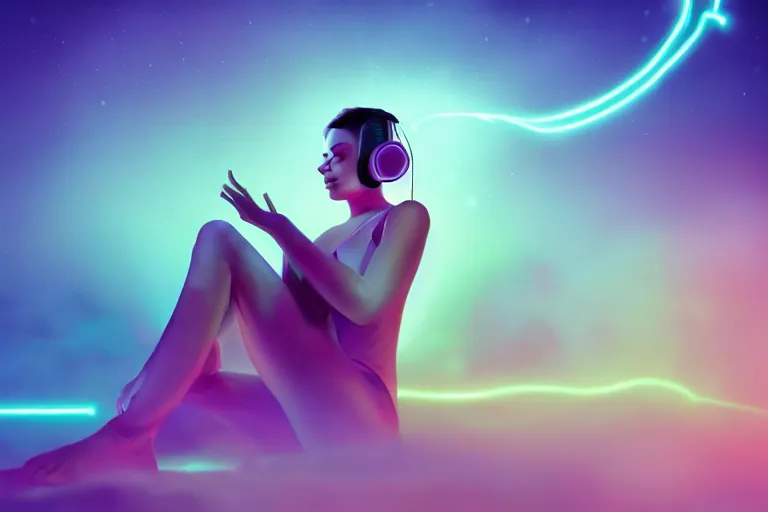 Image similar to a cute girl wearing headphones sitting on a cloud relaxing, misty, glows, digital art, hazy, foggy, ambient lighting, 8 k, neon, synthwave,