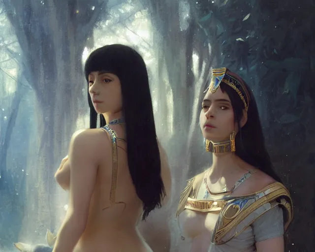 Image similar to 5 5 mm portrait photo of sensual cleopatra with her pet white wolves. magical atmosphere. art by greg rutkowski. highly detailed 8 k. intricate. lifelike. soft light. ilya kuvshinov and jeremy lipking and quentin mabille, light novel cover art, 3 d epic illustrations, symmetric body,