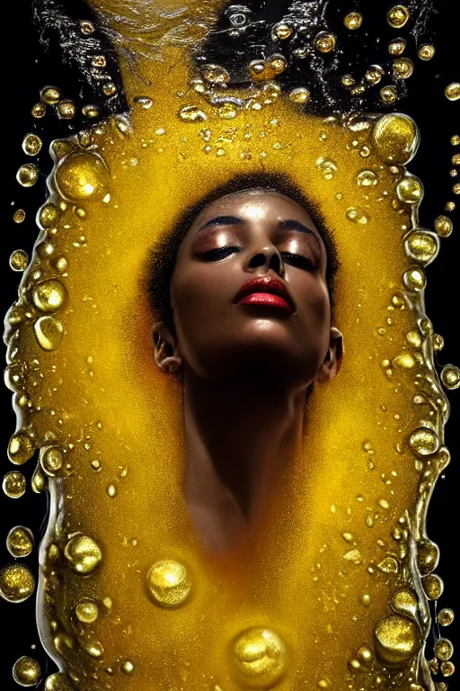 Image similar to hyperrealistic post rococo cinematic very expressive! black oshun goddess, in water up to her shoulders, mirror dripping droplet!, gold flowers, highly detailed face, digital art masterpiece, smooth eric zener cam de leon dramatic pearlescent back lighting, low angle uhd 8 k, sharp focus