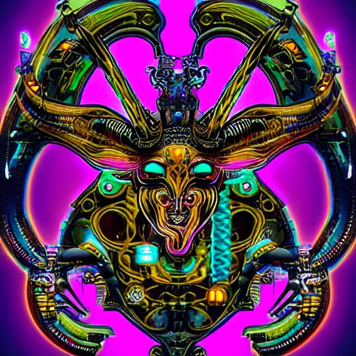 Image similar to biomechanical baphomet sigil merged with mainframe circuitry, multicolored digital art