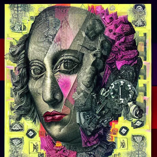 Prompt: abstract post - punk new age album cover, asymmetrical design, dollar bank notes, capitalism, magic, apocalypse, psychedelic, black white pink, highly detailed, magic, giger h. r., abstract giuseppe arcimboldo