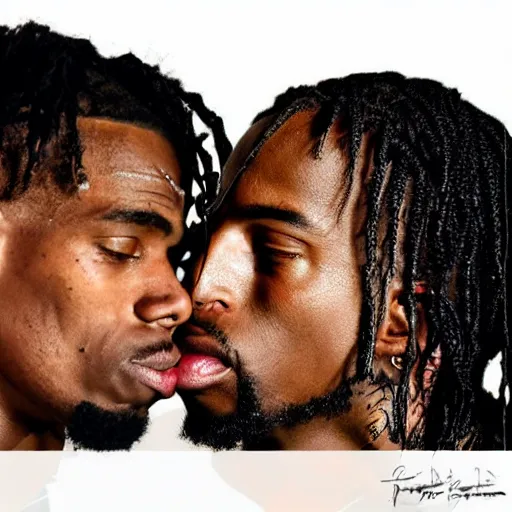 Image similar to studio photo of jesus kissing travis scott, studio portrait