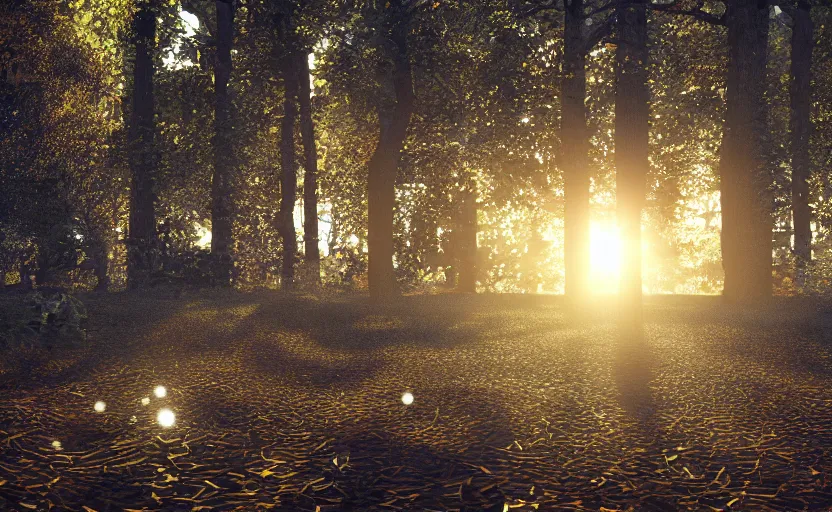 Prompt: a 3d render of shining pieces in in the forest as the sun rises, macro shot, 21:9, cinema 4d, hyperrealistic