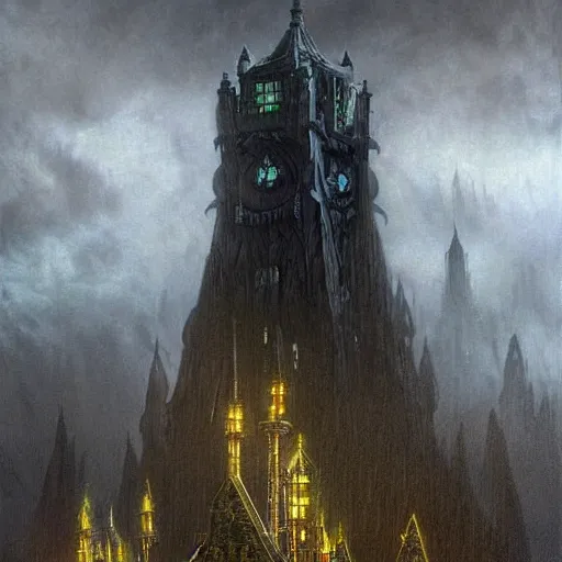 Prompt: an ultra detailed tarot card of a lonely and impossibly tall ominous gothic dark citadel tower of the evil patriarch, in the style of magic the gathering, in a river elevated high above the city, fantasy capital city, ultrawide lense, aerial photography, scary thunderstorm,, volumetric lighting, exquisite detail, 8 k, art by greg rutkowski and alphonse mucha