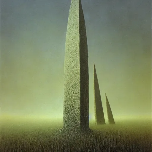 Prompt: arm reaching out of thick fog, field of obelisks in background, intricate zdzislaw beksinski