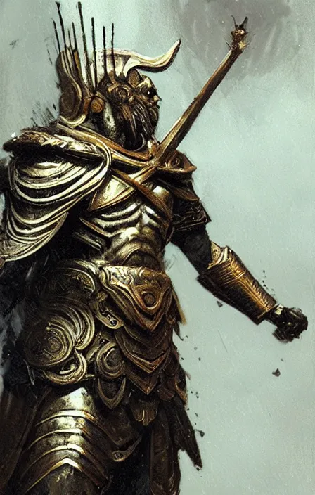 Image similar to zeus god concept, wearing thunder armor, greek ornamented armor, beksinski, ruan jia, weta workshop concept art