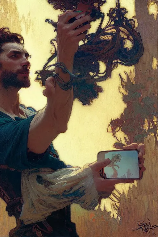 Image similar to attractive man taking a selfie, cool colors, painting by gaston bussiere, craig mullins, greg rutkowski, alphonse mucha