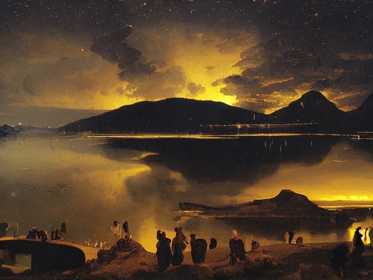 Image similar to an oil painting of a volcanic lake of black oil at dusk with aurora and stars lighting up the sky by carl spitzweg and tuomas korpi. baroque elements, full-length view. baroque element. intricate artwork by caravaggio. Trending on artstation. 8k