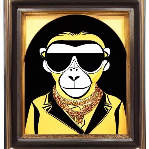 Image similar to a monkey wearing a nice black tuxedo and wearing shades and wearing gold chains around its neck, art deco, highly detailed, highly coherent, 8 k