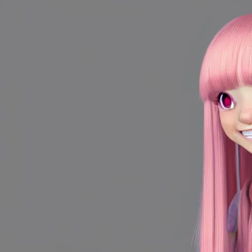 Image similar to A portrait of Nikki from Shining Nikki and Love, a cute 3d cgi toon young woman with long light pink hair, full bangs, hazel eyes, full face, light makeup, pale skin, Chinese heritage, cute outfit, medium shot, mid-shot, hyperdetailed, 8k, trending on artstation, as a Pixar character