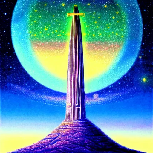 Image similar to a landscape pastel in the style of noriyoshi ohrai of an ancient holy tower, it has iridescent mana radiating from it. it is centered. the background is the starry sky at night. key art. 4 k retrofuturistic fantasy