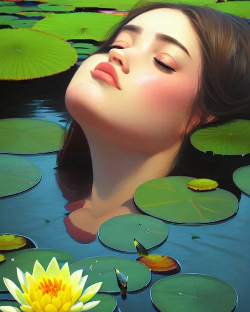 Image similar to stylized portrait of an artistic pose, composition, young lady sleeping in a pond, water lilies, flowers, one single head, realistic shaded, fine details, realistic shaded lighting poster by ilya kuvshinov, magali villeneuve, artgerm, jeremy lipkin and michael garmash and rob rey