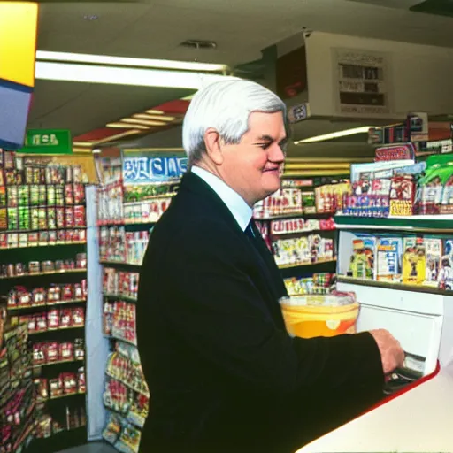 Prompt: Former House Speaker Newt Gingrich minding the till at a 7/11. CineStill