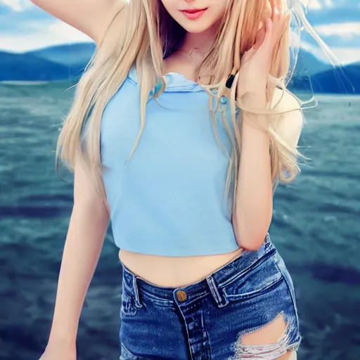 Image similar to a very beautiful anime girl, full body, long wavy blond hair, sky blue eyes, full round face, short smile, cute top, short jeans, summer lake setting, cinematic lightning, medium shot, mid-shot, highly detailed, trending on Artstation, Unreal Engine 4k, cinematic wallpaper by Stanley Artgerm Lau, WLOP, Rossdraws, James Jean, Andrei Riabovitchev, Marc Simonetti, and Sakimichan