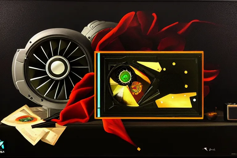 Image similar to a vanitas painting depicting an NVIDIA RTX A100 GPU, graphics card