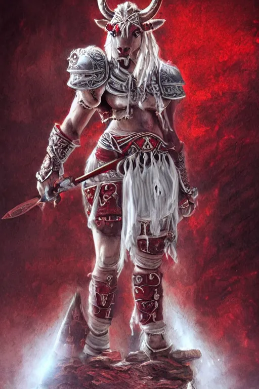 Image similar to a tauren warrior colaked in white with swords, standing in light beam of a dark cave, ruby red sorrow, high quality, ultra detail