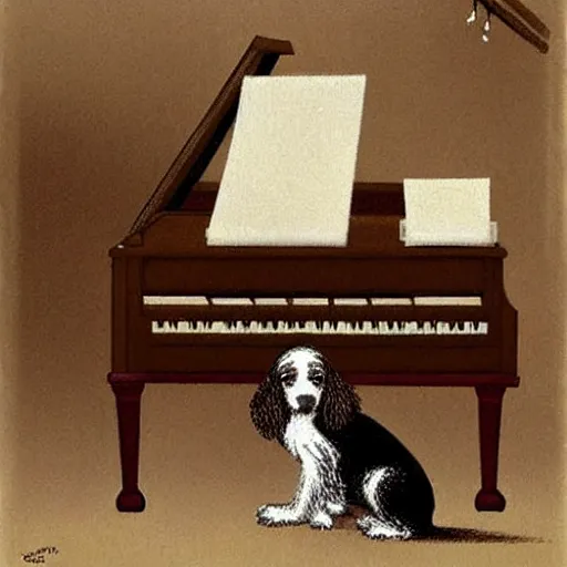 Image similar to a brown spaniel with a white chest , sat down playing a grand piano.modern. Cartoon. Artwork. no text