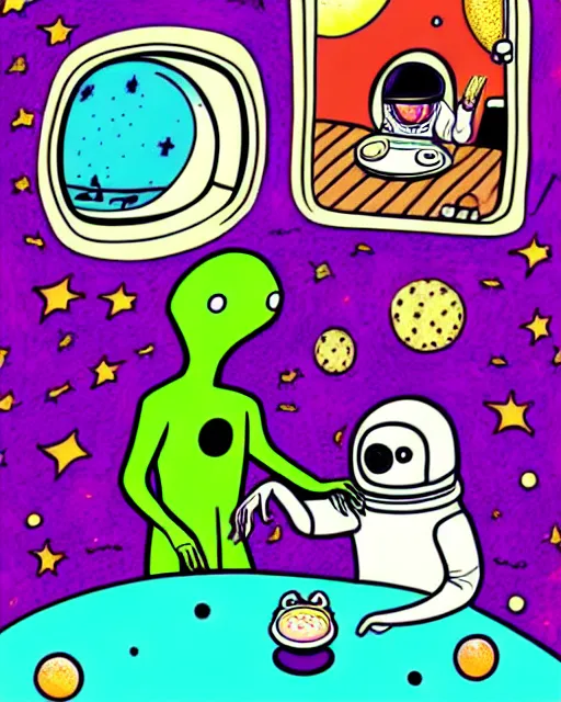 Image similar to an illustration of an astronaut meeting an alien for afternoon tea. funny. detailed. colorful. psychedelic