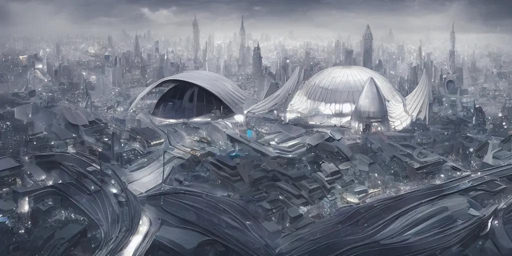 Image similar to Zaha Hadid city with Noraman foster dome and mosque in a Fantasy world and photo inspired by Where weird things happen by Daniele Gay on art station , le corbusier model on the ground inspired by Mining by Risa lin on art station