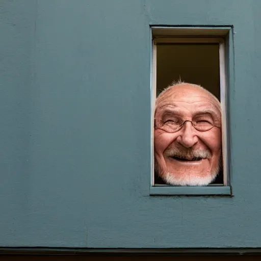 Image similar to an smiling old man peeking through a small window