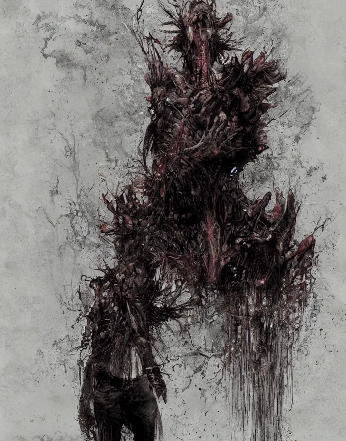 Image similar to folk horror illustration of a disturbing pseudohuman monster design by Masahiro Ito, silent hill concept artwork, art by greg rutkowski, art by craig mullins, art by Masanori Warugai, art by Yoshitaka Amano