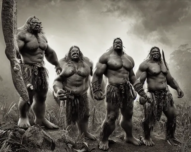 Image similar to hyper realistic group vintage photograph of a live action warcraft orc warrior tribe in the jungle, tall, hulk like physique, detailed faces, tribal paint, tribal armor, grain, old, monochrome, sepia toned, realistic lighting, wide angle