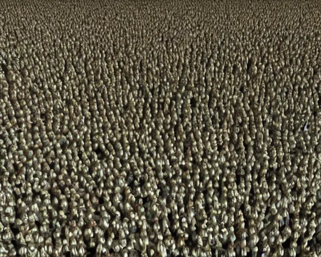 Image similar to a swarm of humans form an unreal locust formation. they fly in unison as one creature inspired by trypophobia