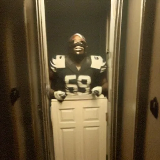 Prompt: grainy photo of an nfl linebacker as a creepy monster in a closet, harsh flash