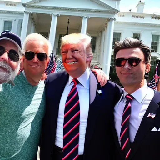 Image similar to donald trump poses with joe biden lookalikes in front of the white house as a protest, sunny day, detailed, detailed faces