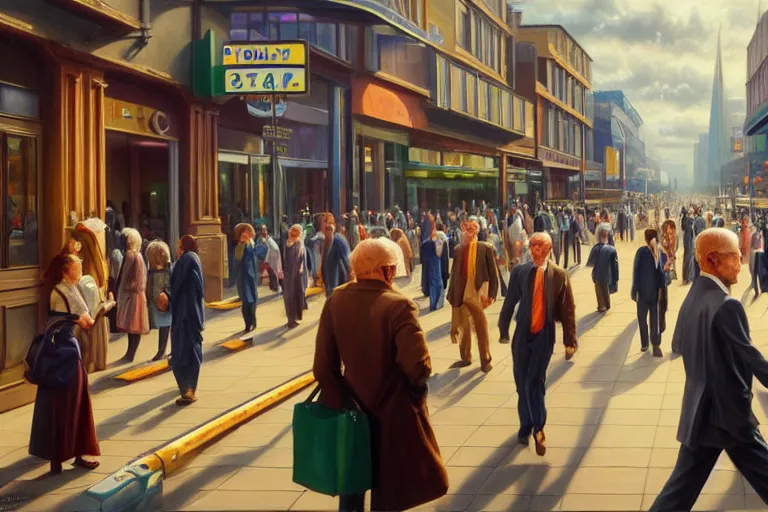 Image similar to ( ( a beautiful 8 k photorealistic masterpiece oil painting ) ( of ( utopia of a society where people are happy to go to work ) ) ( hyperrealism ) ( 1 6 k ) ( trending on artstation )